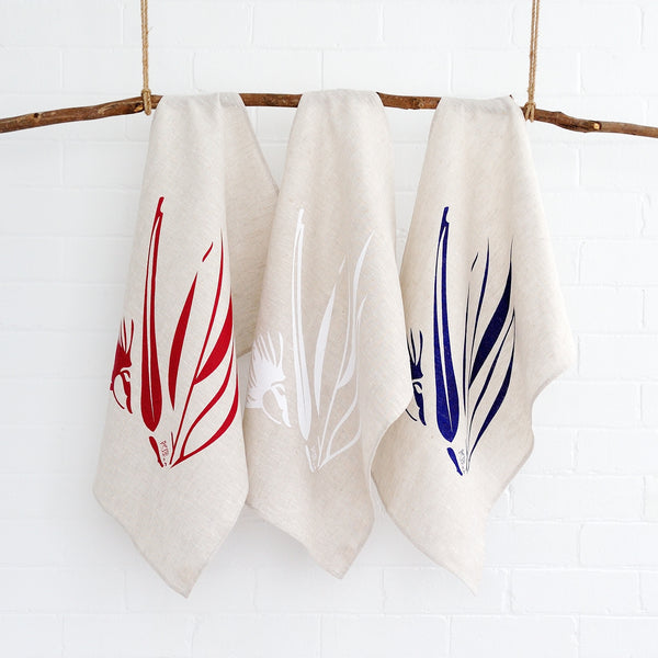 100% linen hand screen printed gum nut tea towels by Krystol Brailey Designs