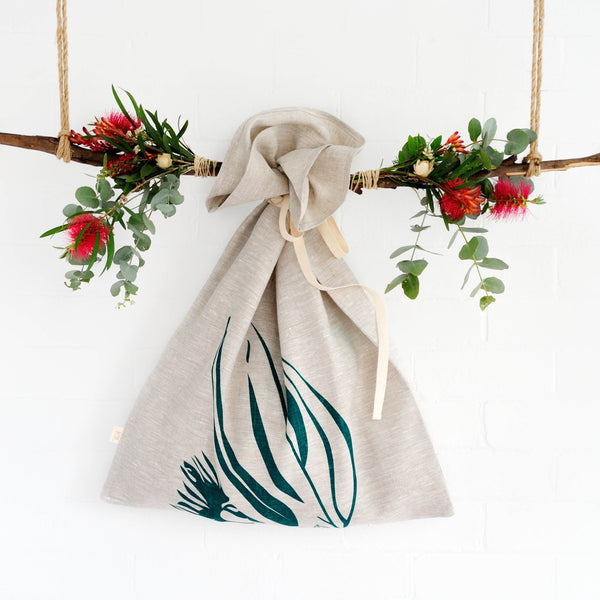 Gum Leaf Print Linen Christmas Sacks