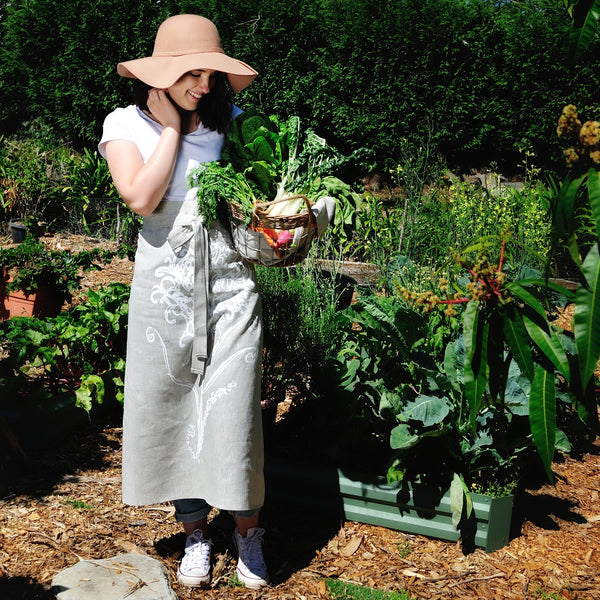 100% linen hand screen printed waratah cafe style aprons by Krystol Brailey Designs