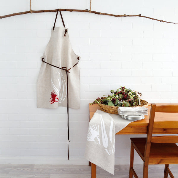 100% linen hand screen printed red and white gum nut adults apron with leather straps by Krystol Brailey Designs