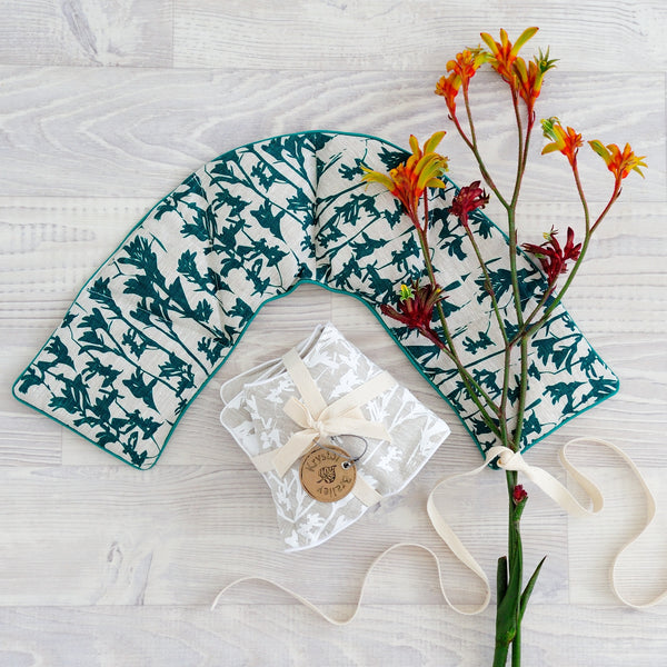 100% linen hand screen printed kangaroo paw heat pack, horse shoe shape for soothing muscle tension and easing stress relief by Krystol Brailey Designs