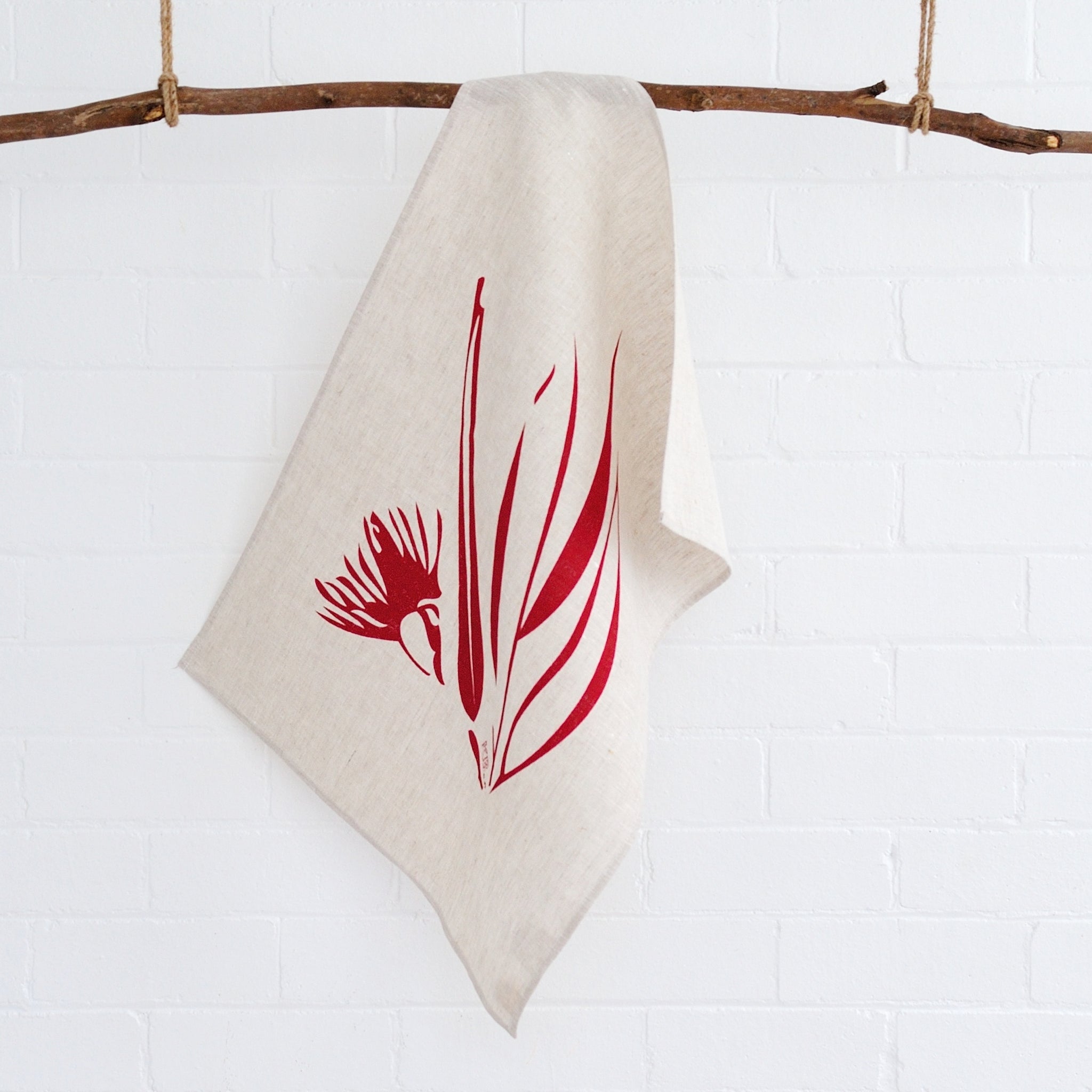 100% linen hand screen printed red gum nut tea towel by Krystol Brailey Designs