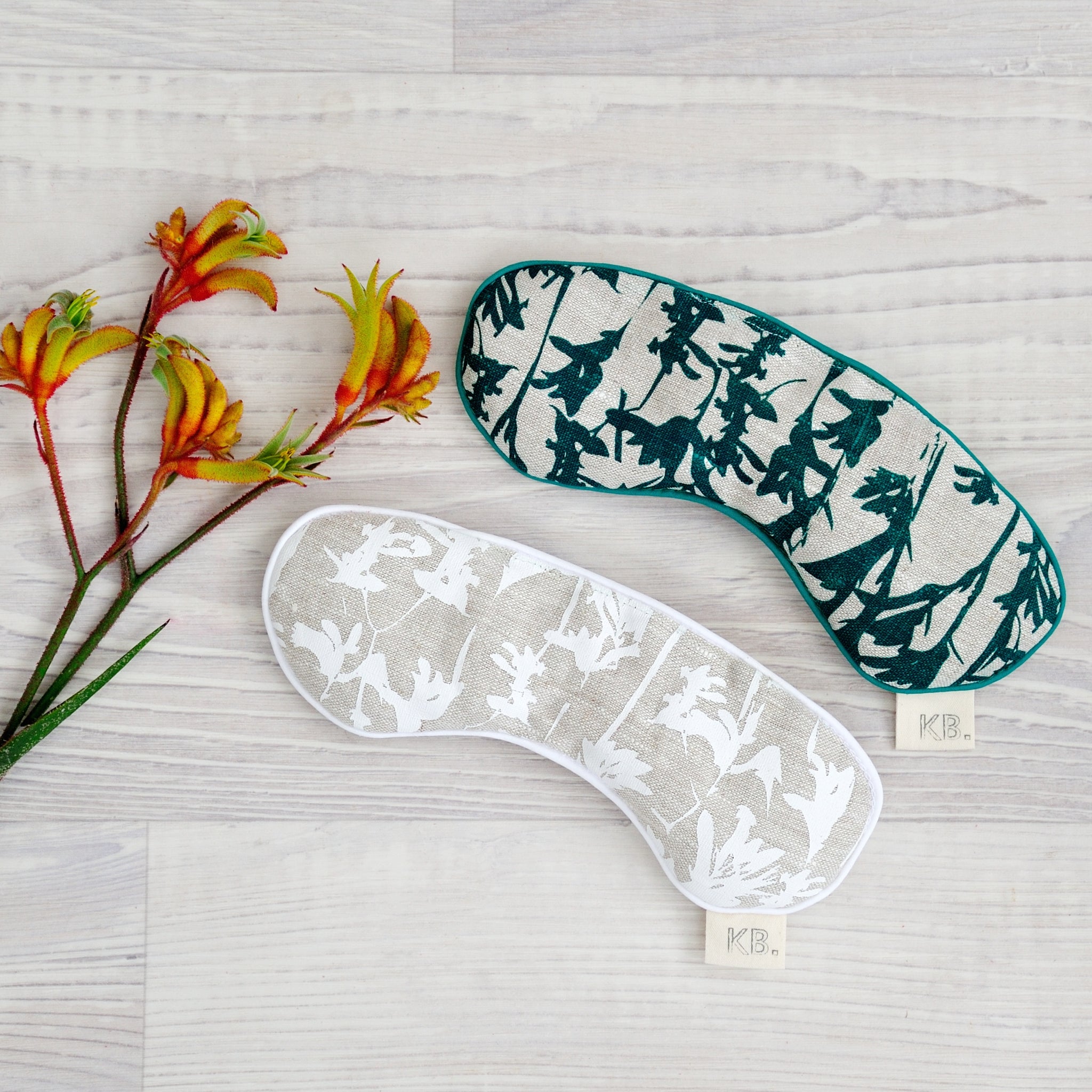 100% linen hand screen printed kangaroo paw eye pillows for stress relief by Krystol Brailey Designs