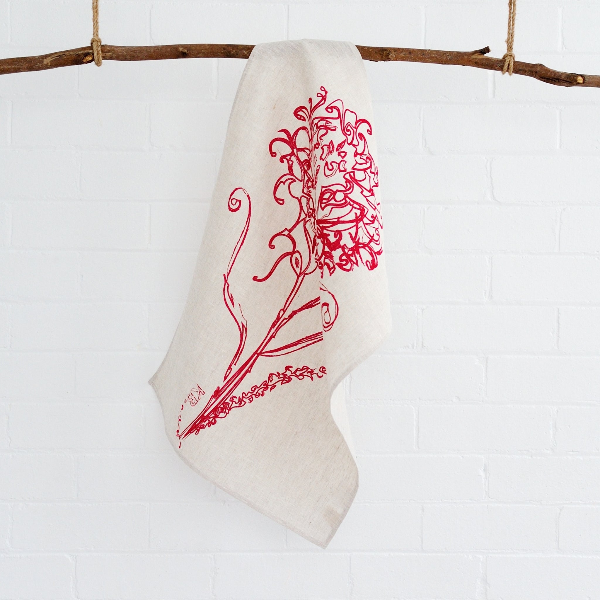 100% linen hand screen printed red waratah tea towel by Krystol Brailey Designs