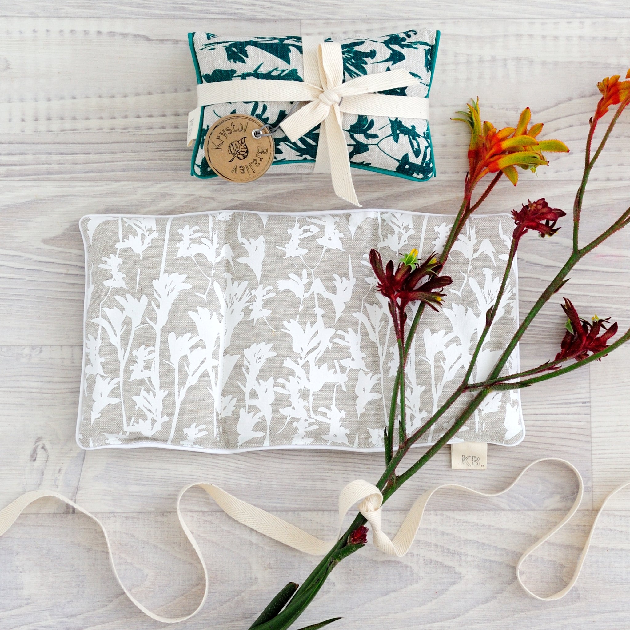 100% linen hand screen printed kangaroo paw heat pack, small rectangle shape for soothing muscle tension and easing stress by Krystol Brailey Designs