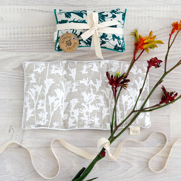 100% linen hand screen printed kangaroo paw heat pack, small rectangle shape for soothing muscle tension and easing stress by Krystol Brailey Designs