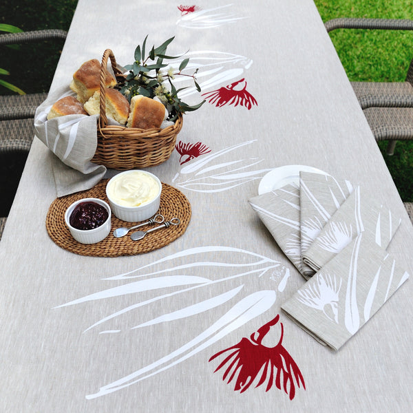 100% linen hand screen printed red and white gum nut tablecloth by Krystol Brailey Designs